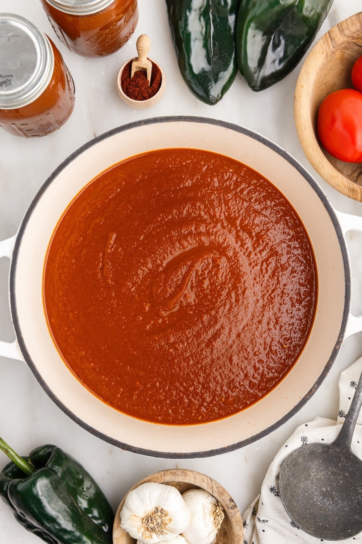 Overhead view of a pot of freshly blended red enchilada sauce with fresh ingredients surrounding it.