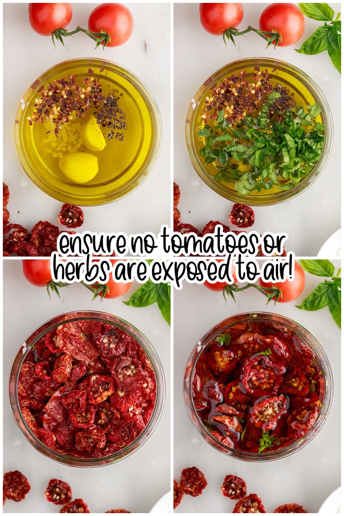 Collage of the steps for packing the sun-dried tomatoes in olive oil.