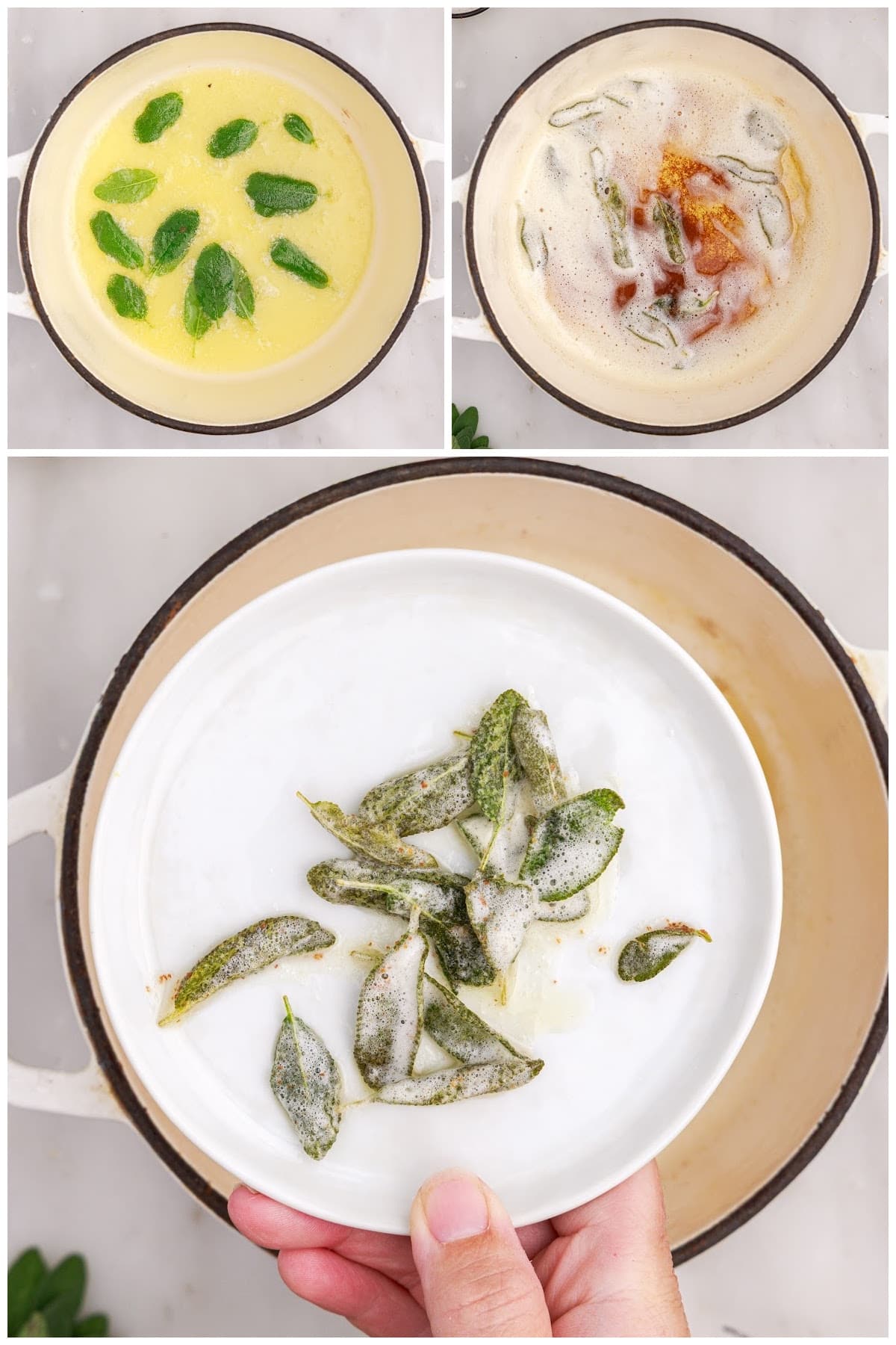 Process for showing how to infuse melted butter with sage leaves which is then reserved to mix into the baked pumpkin risotto. 