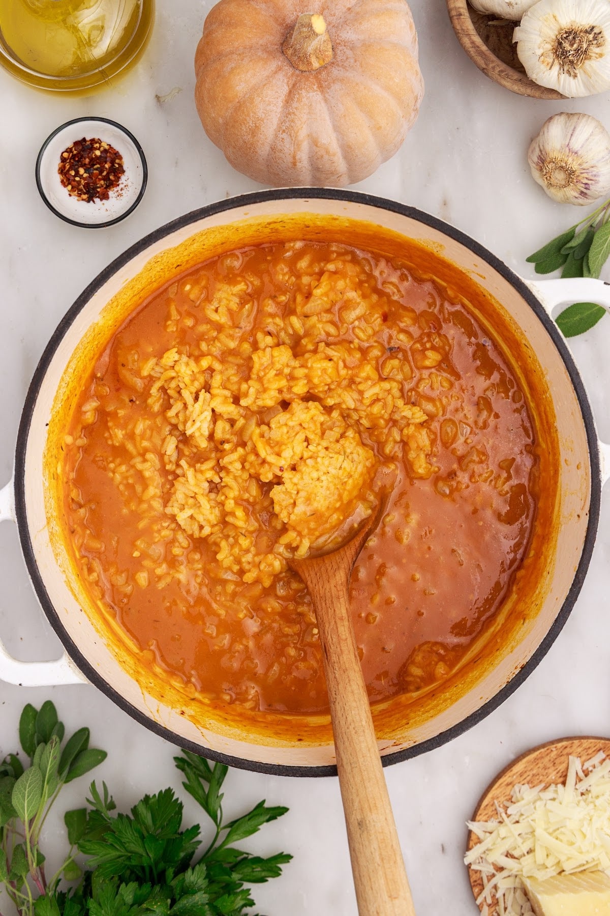 Browned butter and parmesan stirred into the baked pumpkin risotto.